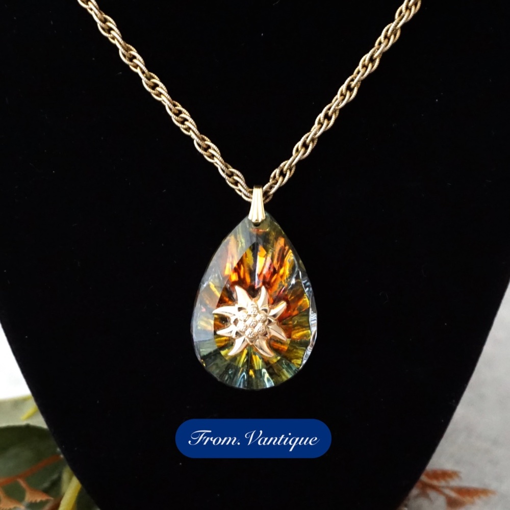 💧VINTAGE Big Colourful Water-drop Pendant with Gold Twisted Chain Necklace 📿